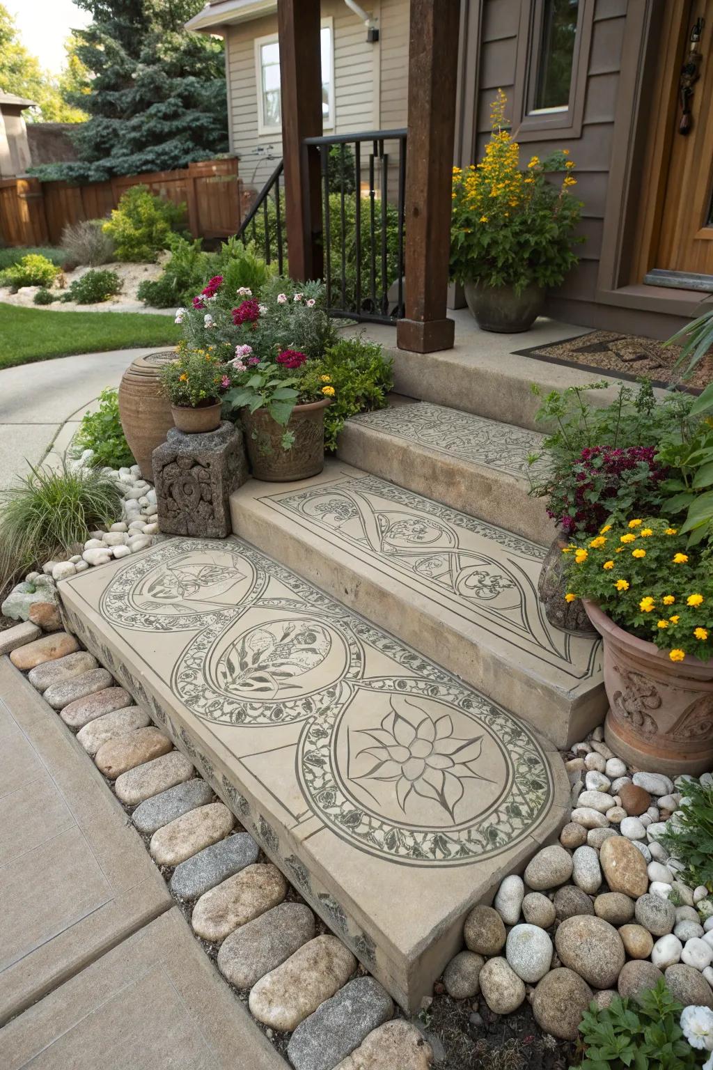 Turn your stoop into an artistic focal point with custom concrete designs.