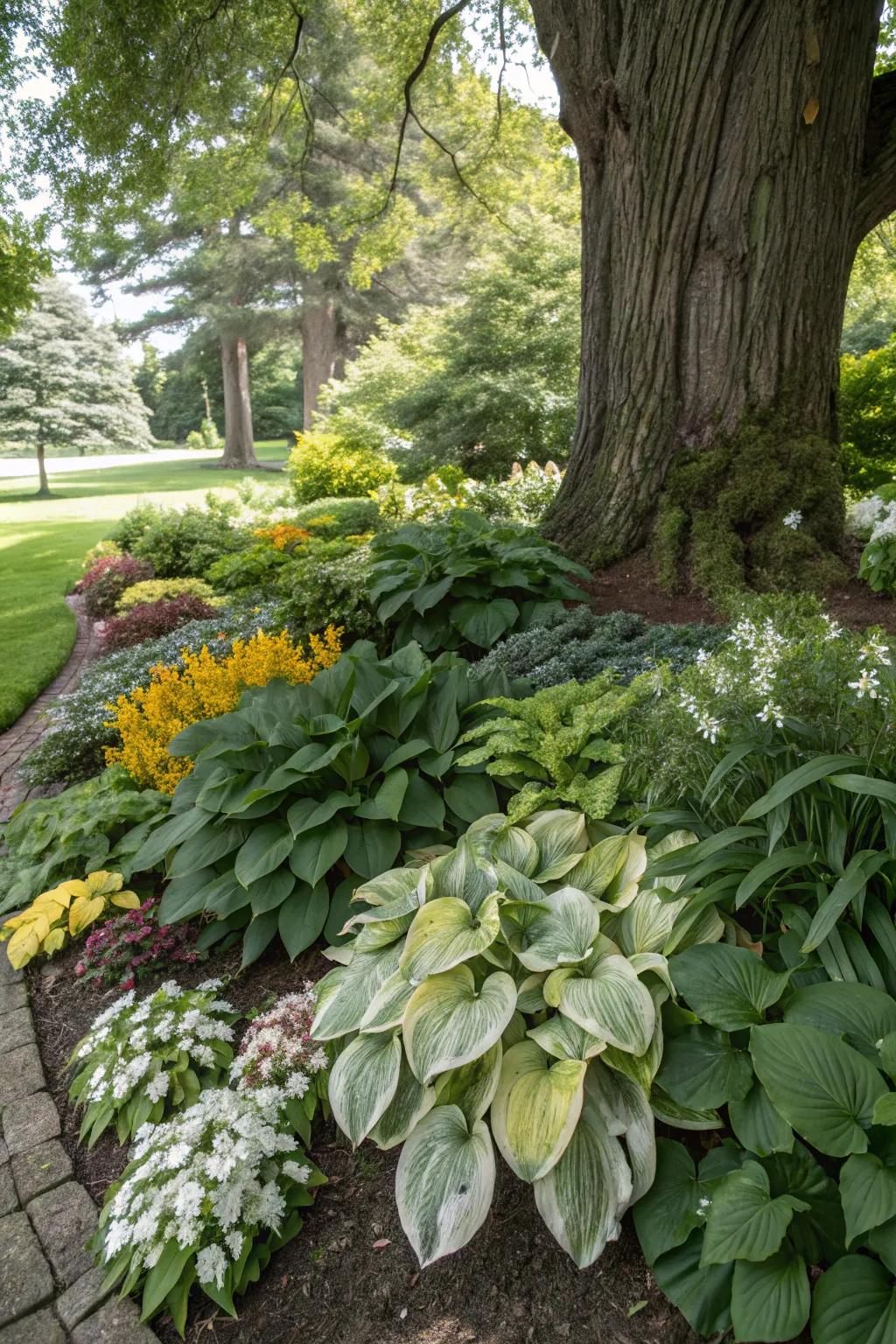 Hostas showcasing their diverse beauty under the tree's canopy.