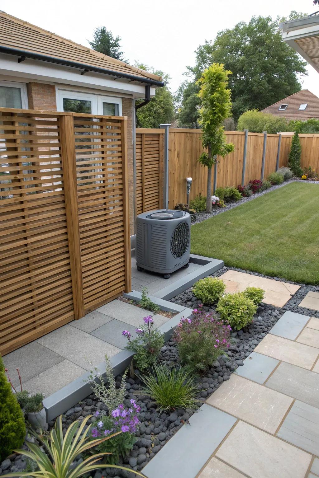 Wooden slatted screens provide a sleek solution for AC unit concealment.