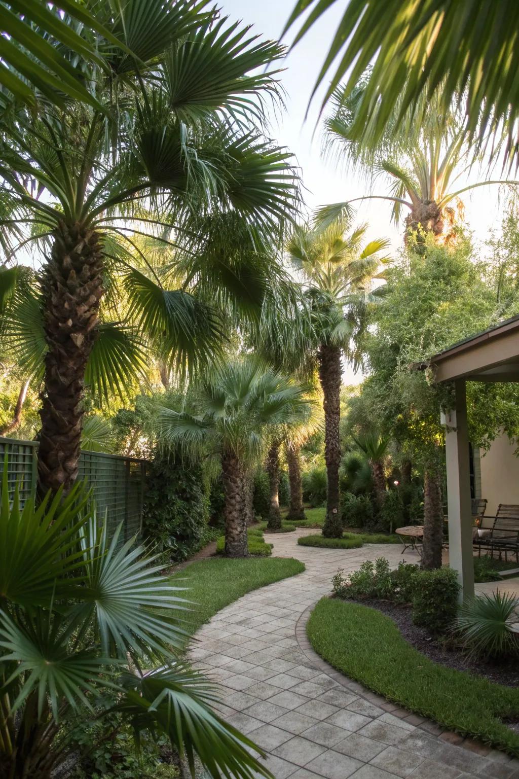 Windmill palms used as a natural privacy screen.