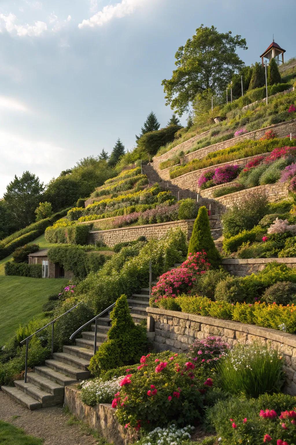 Terraces create flat zones ideal for planting on slopes.