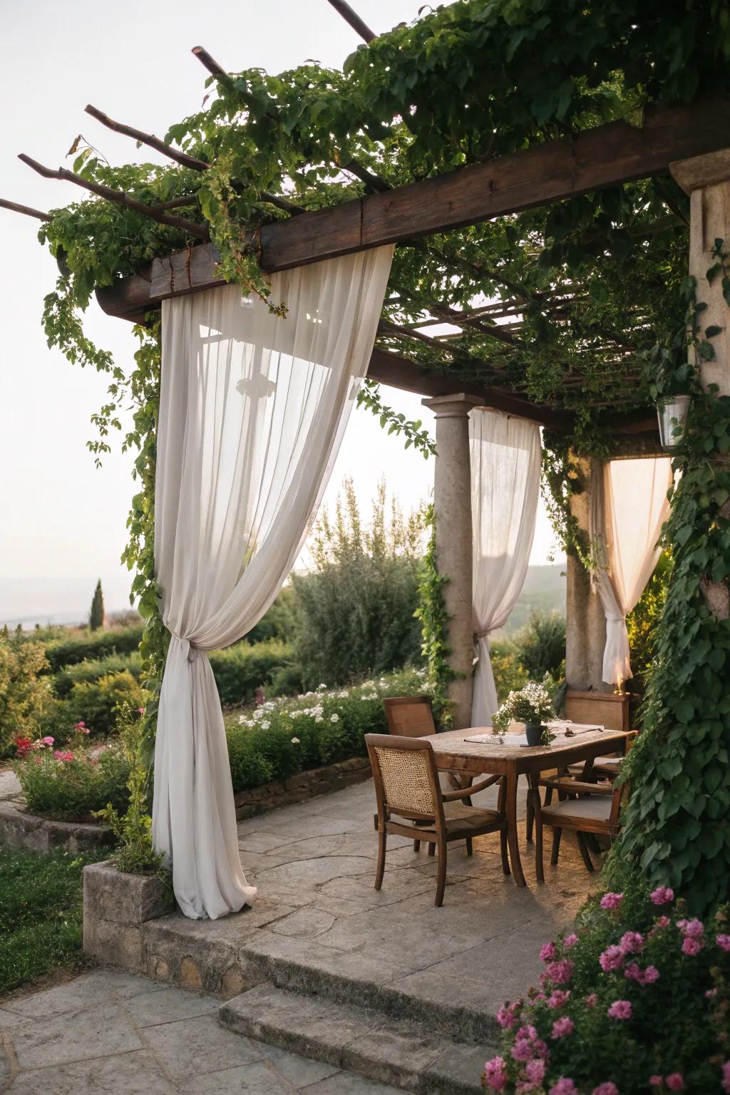 Pergolas offer shaded relaxation spots.