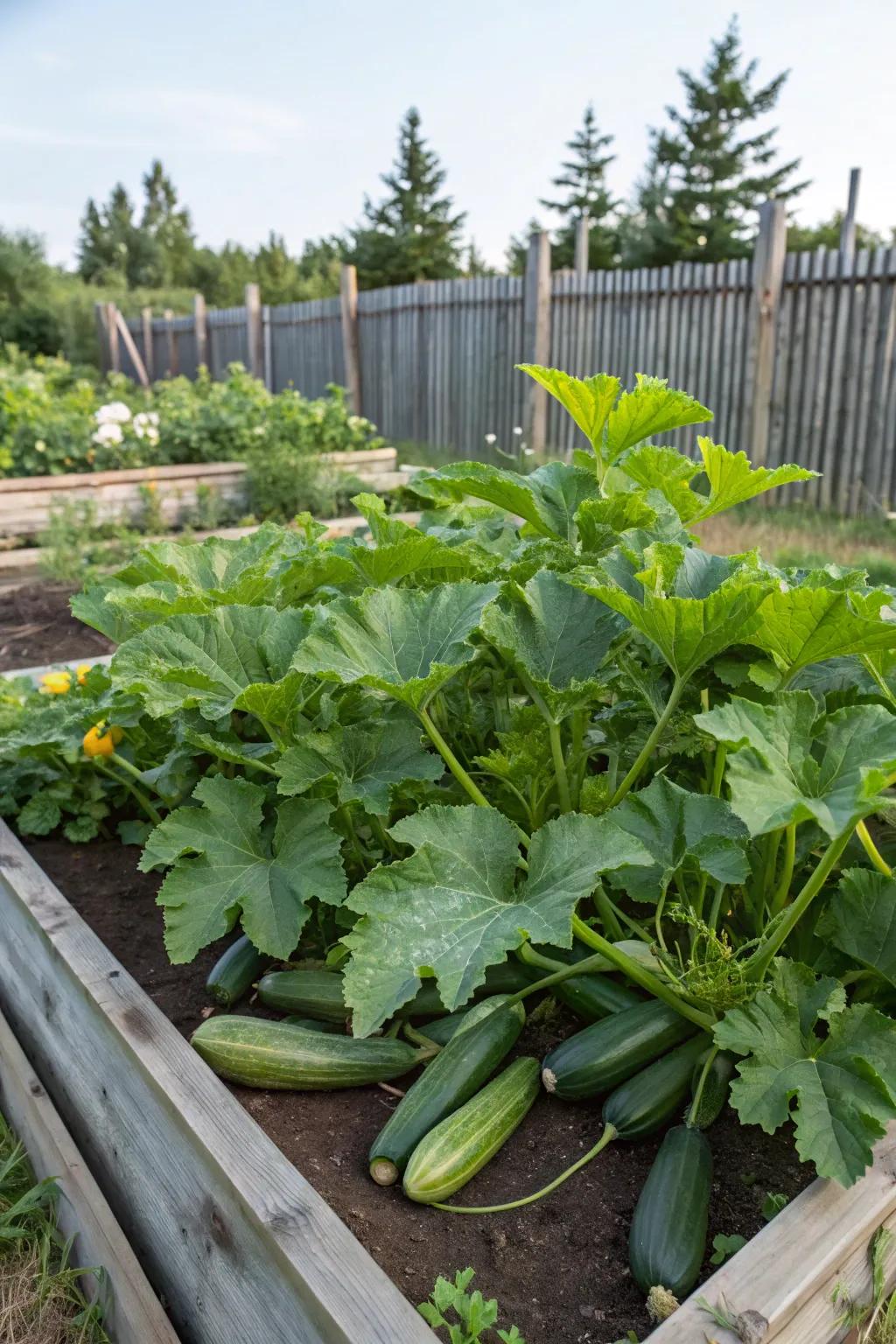 Zucchini plants thriving in a raised bed.