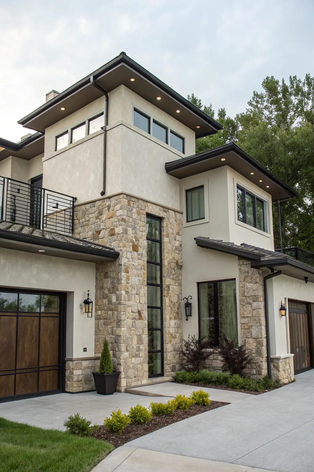 Modern elements like metal accents enhance this stucco and stone home.