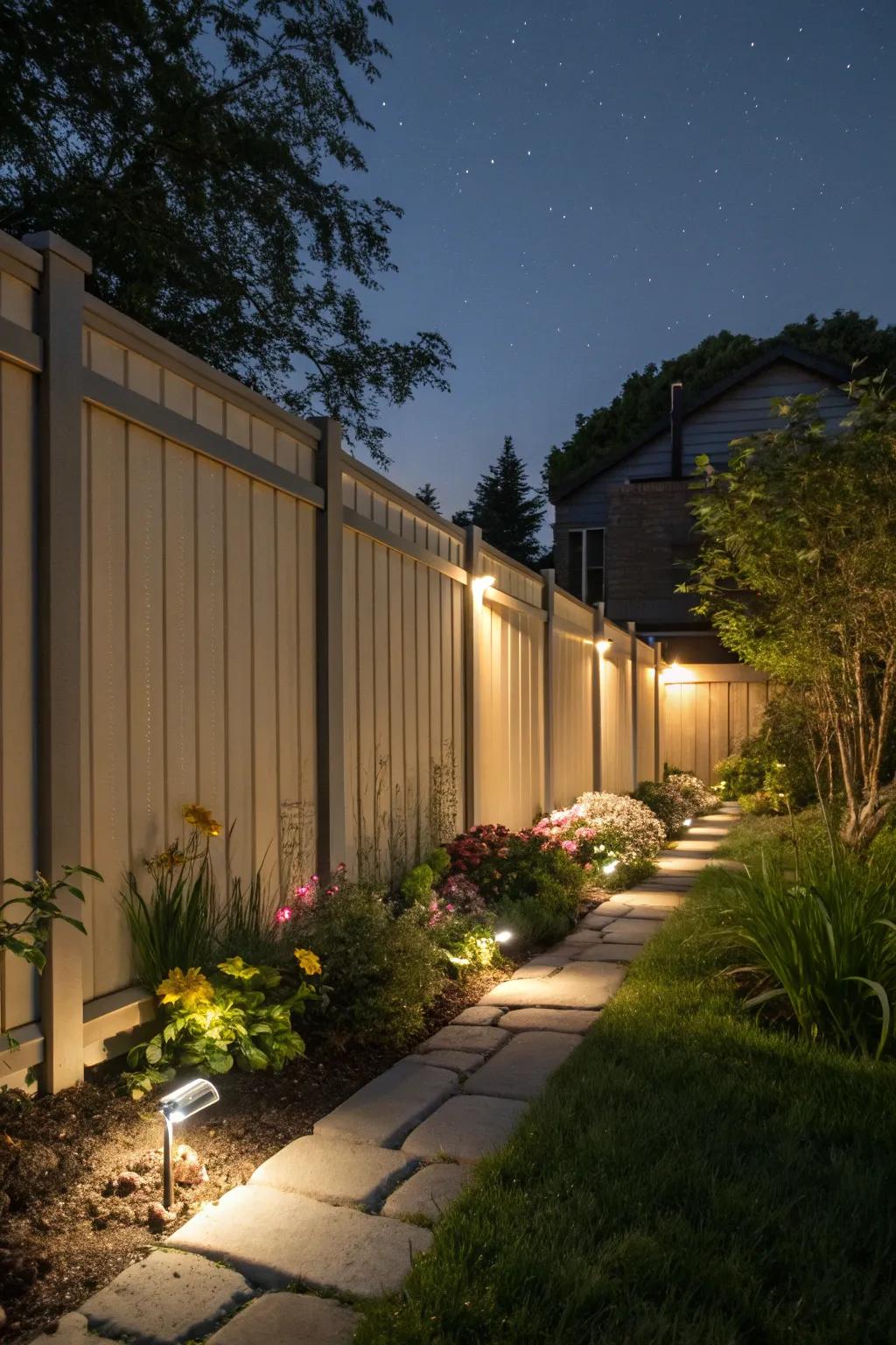Lighted fence panels create an enchanting evening atmosphere.