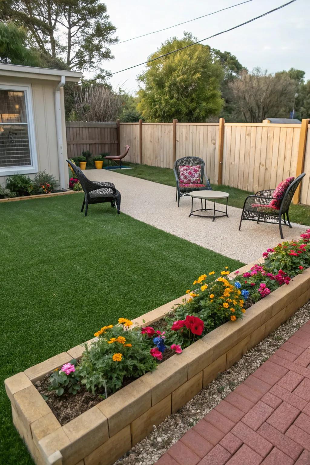 Artificial turf offers a consistently lush look with minimal upkeep.