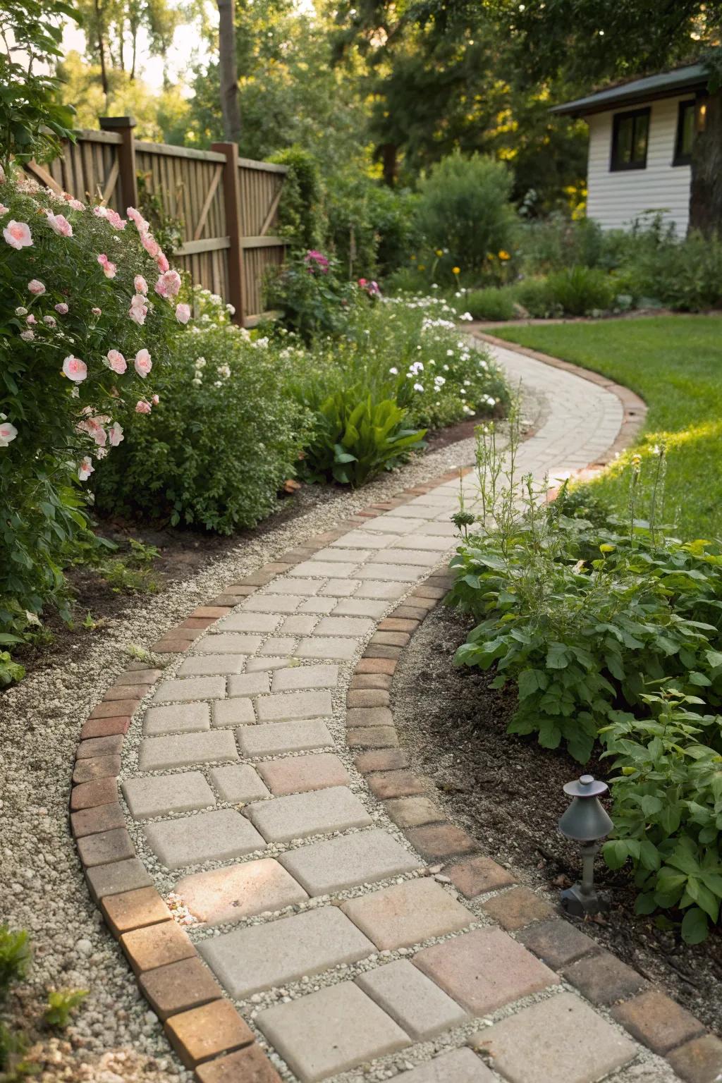 Pea gravel paths exude a relaxed, inviting ambiance.