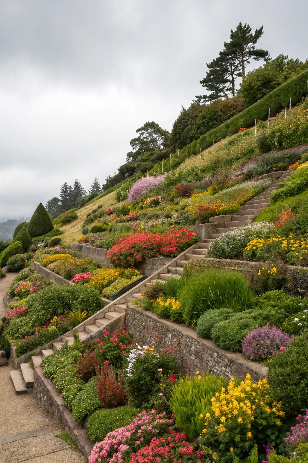 Terraced planting adds dimension and beauty to sloped gardens.