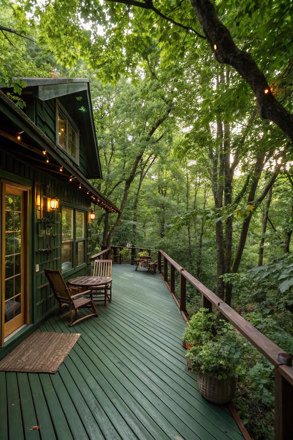 A forest green deck seamlessly integrating with its natural surroundings.