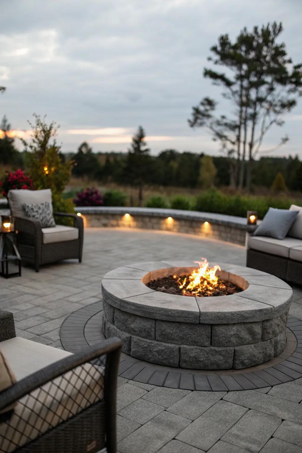 A central fire pit adds warmth and ambiance to the grey patio.