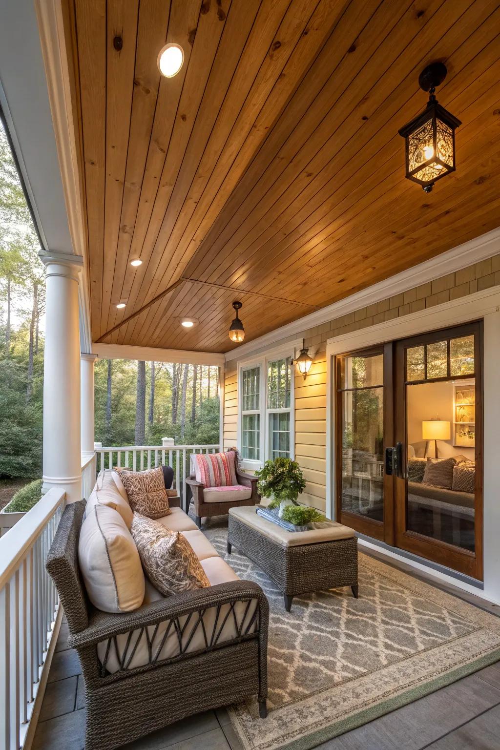 Cozy porch with an amber-stained ceiling.