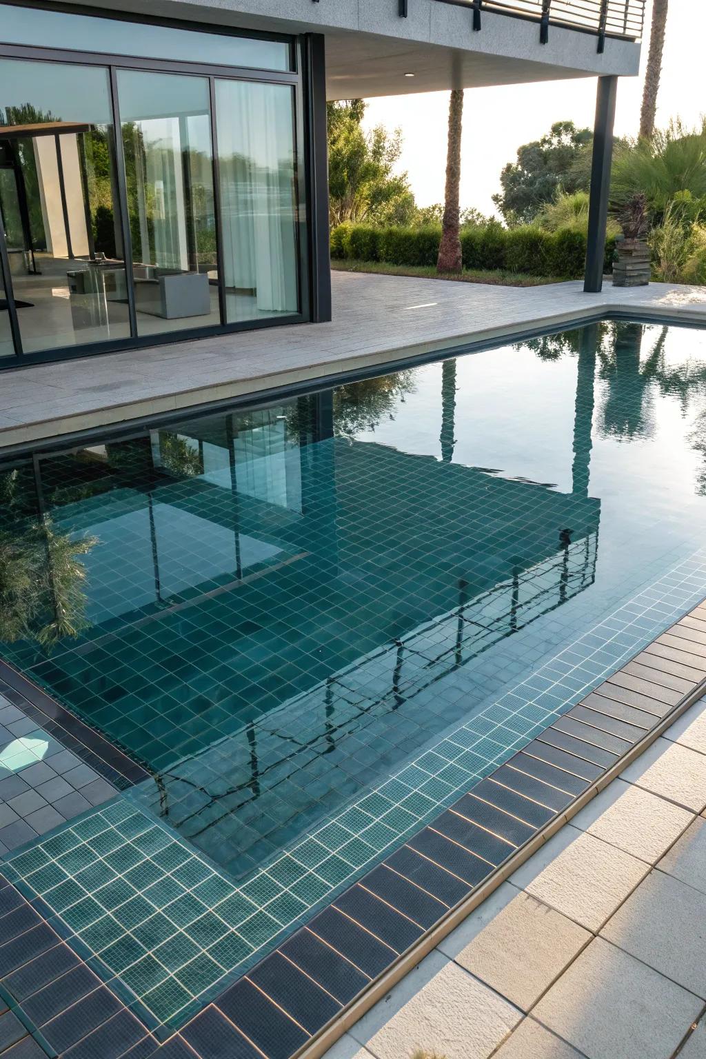 A pool that shimmers with reflective glass tiles.