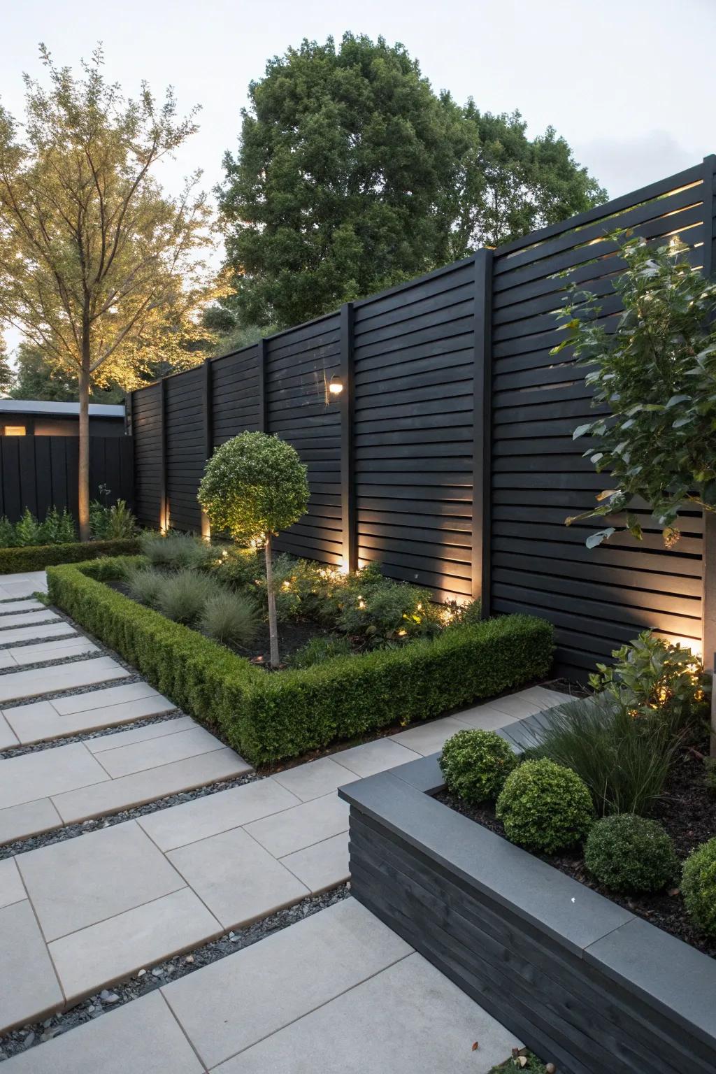 A black horizontal slat wood fence offers a sleek and modern aesthetic.