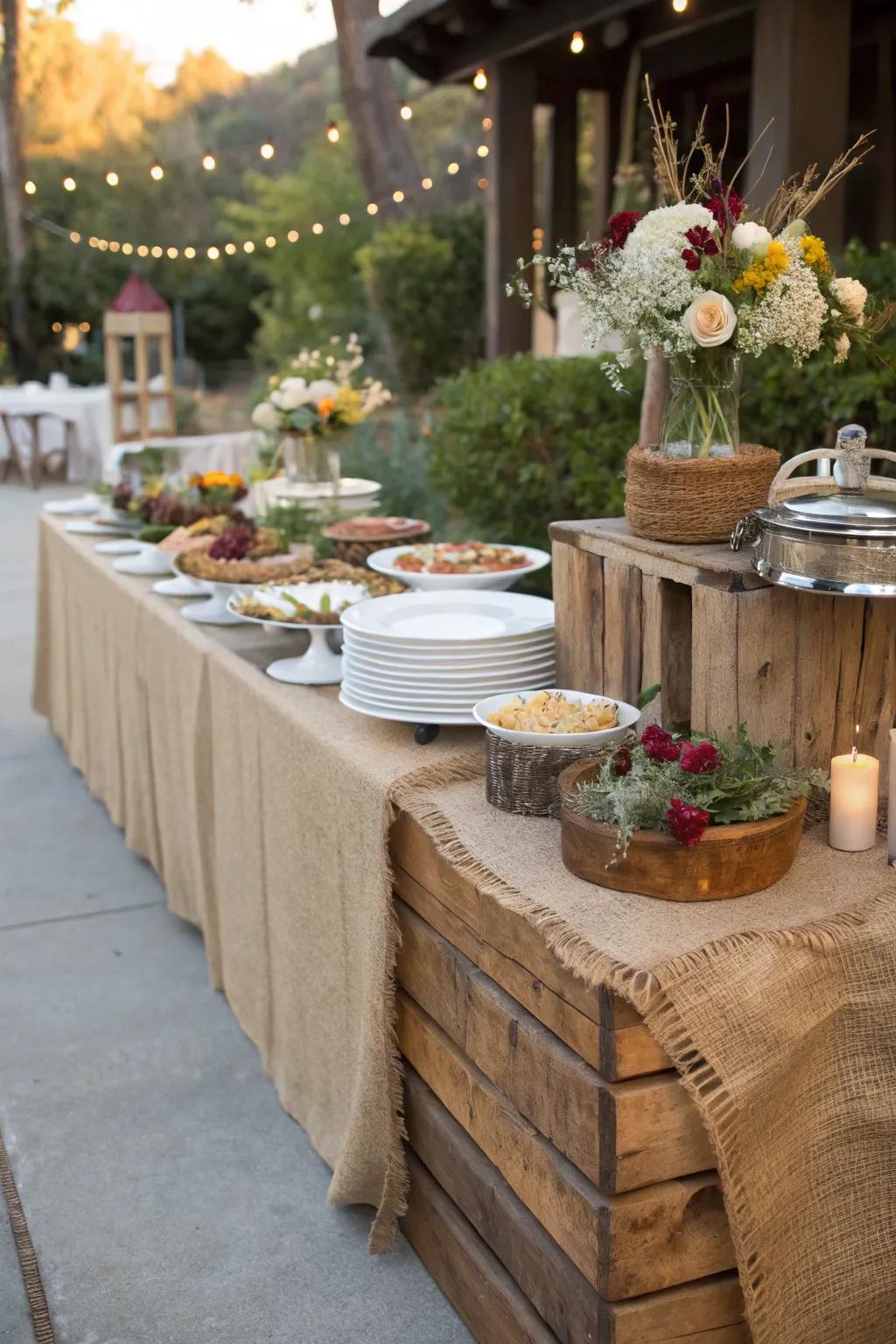 Burlap runners add rustic charm to your buffet