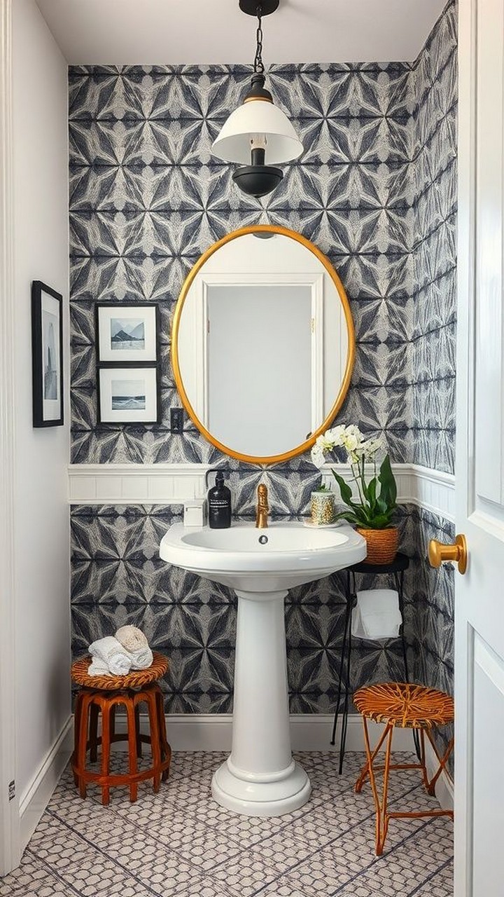 Stylish powder room with bold wallpaper