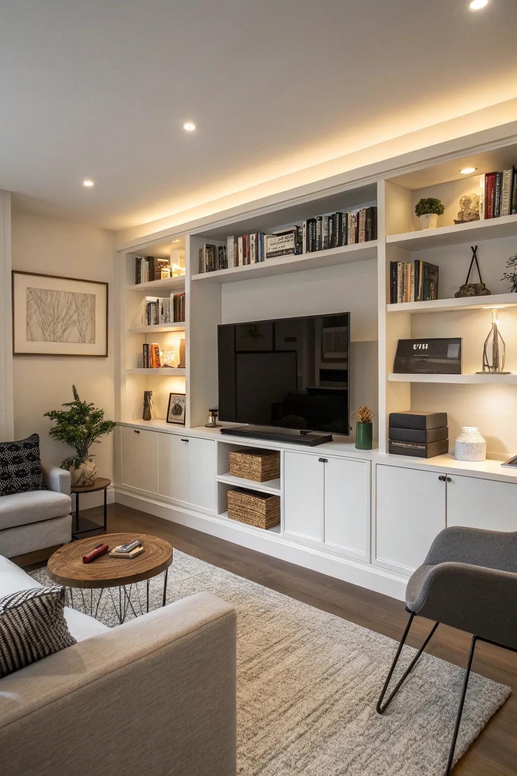 Built-in shelves combine practicality and style to seamlessly integrate your TV.