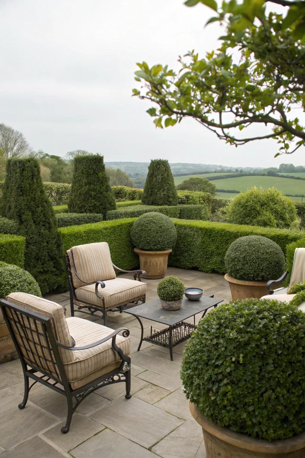 Boxwood planters create a relaxing patio retreat.