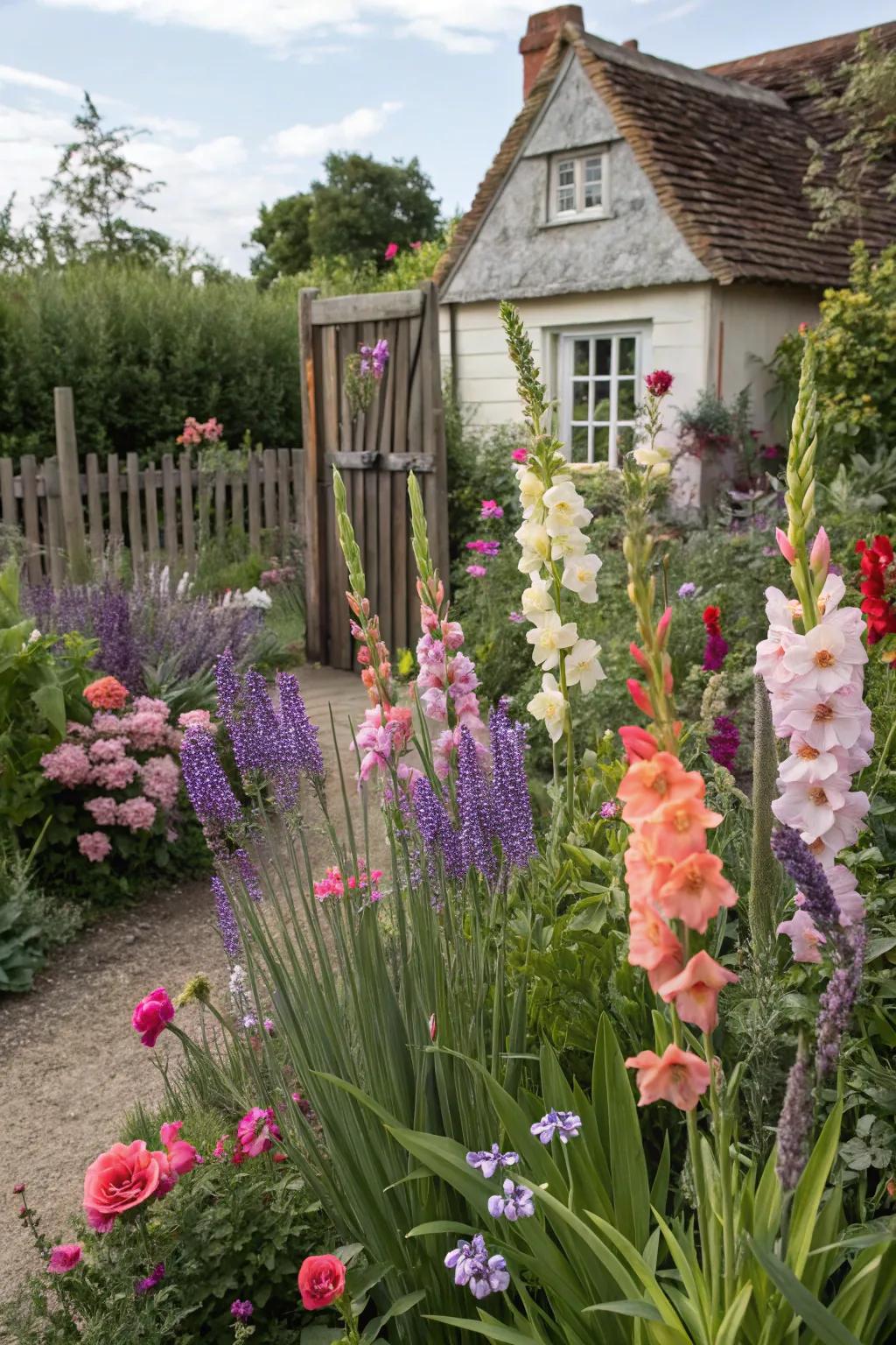 Gladiolus enhancing a charming cottage garden setting.