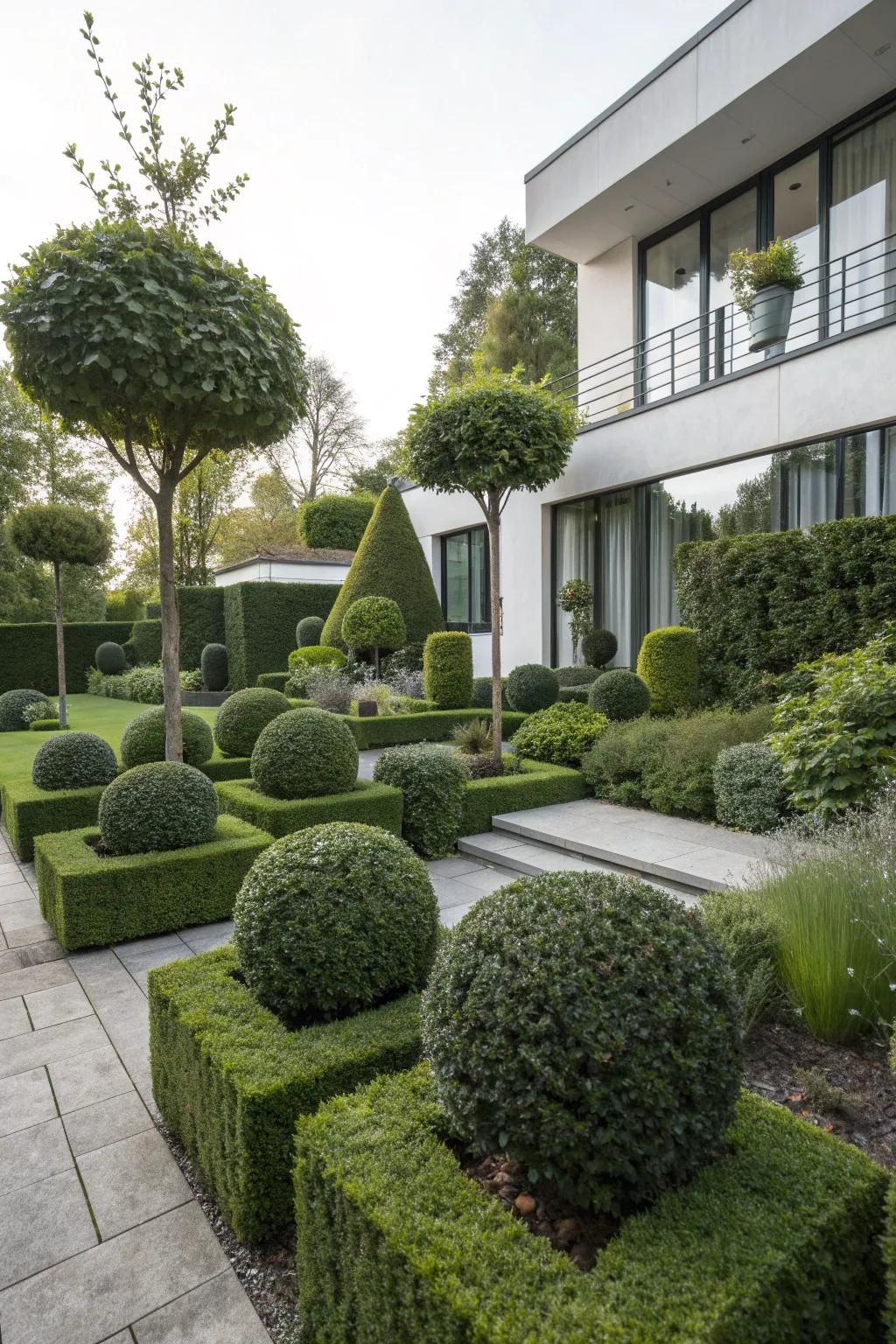 Create a modern garden with geometric topiary shapes.