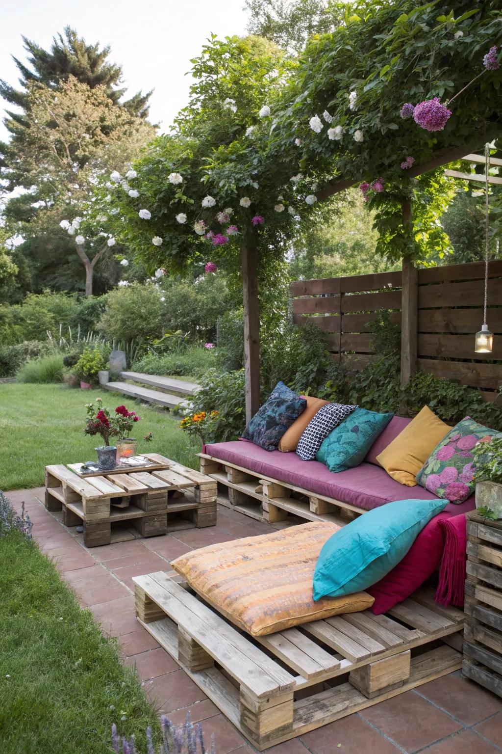 Cozy pallet seating with colorful cushions in a garden.