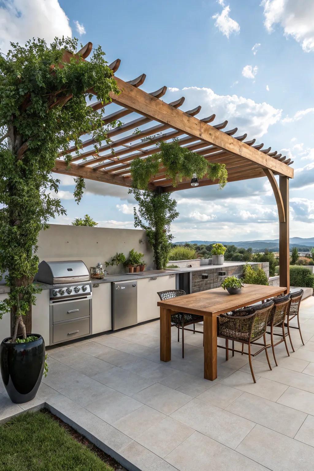 Pergolas offer shade and style for outdoor gatherings.