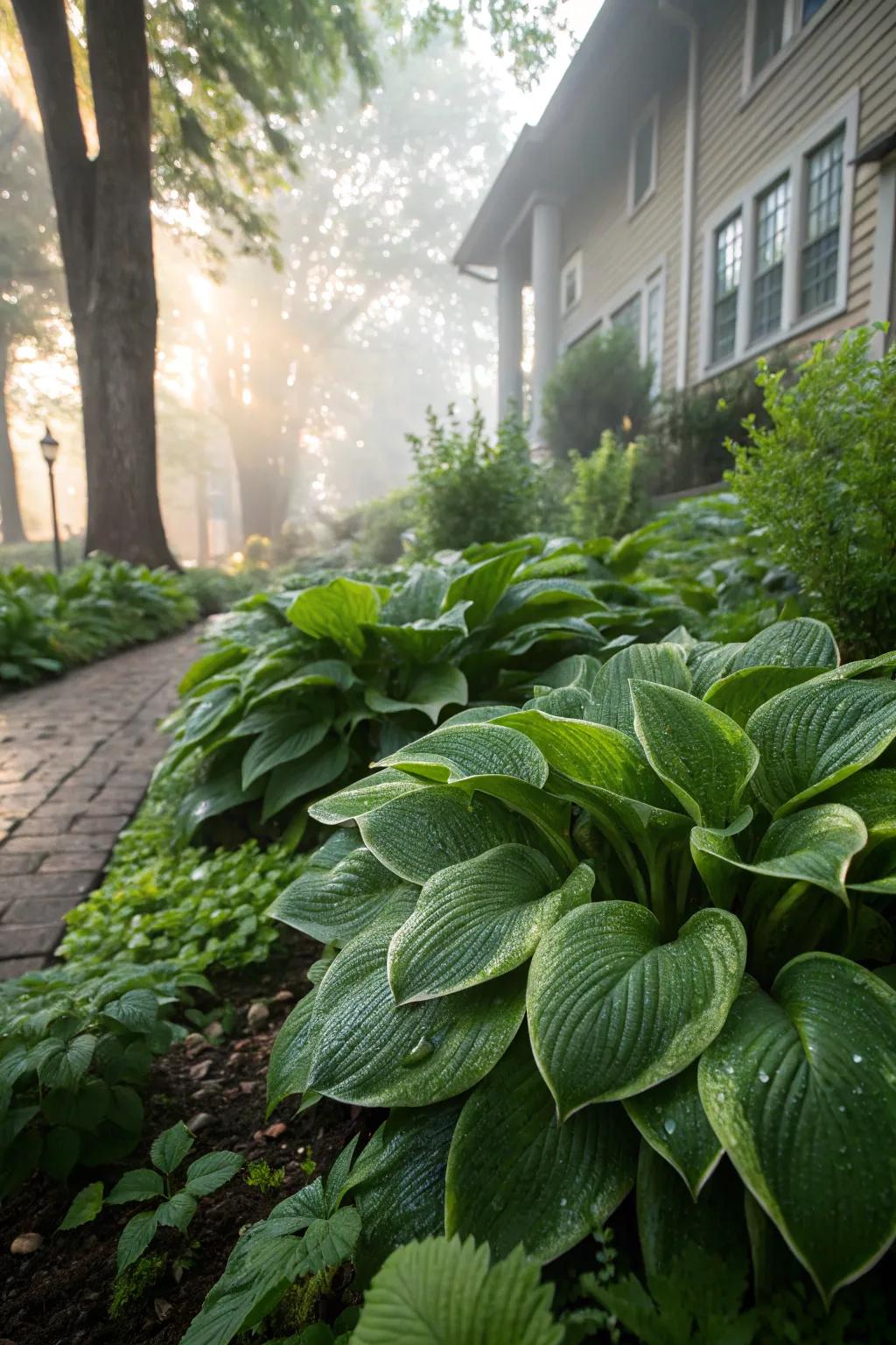 Hostas offer lush greenery, perfect for morning shade.