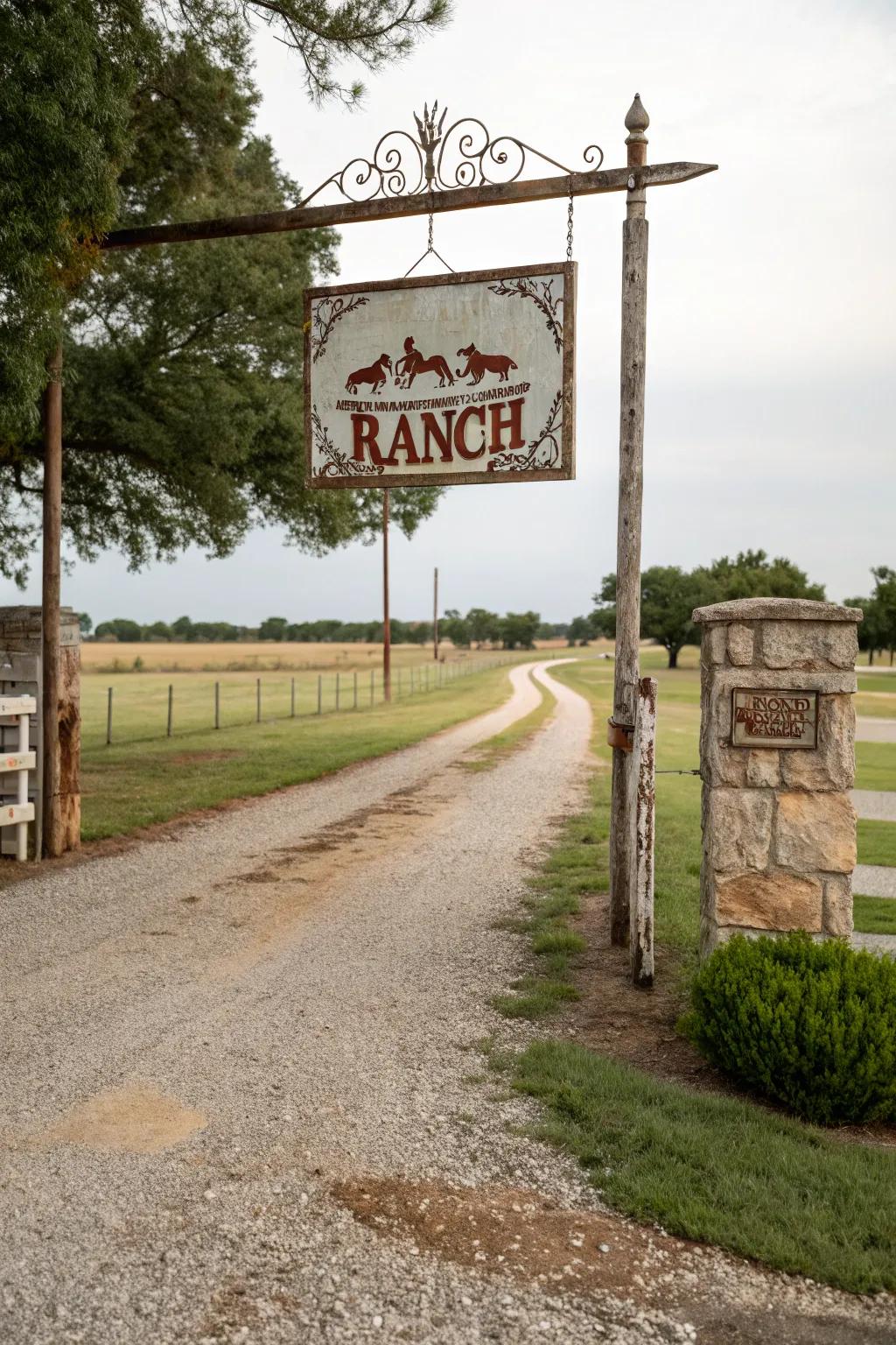 A vintage sign adding a personalized touch to the ranch entrance.
