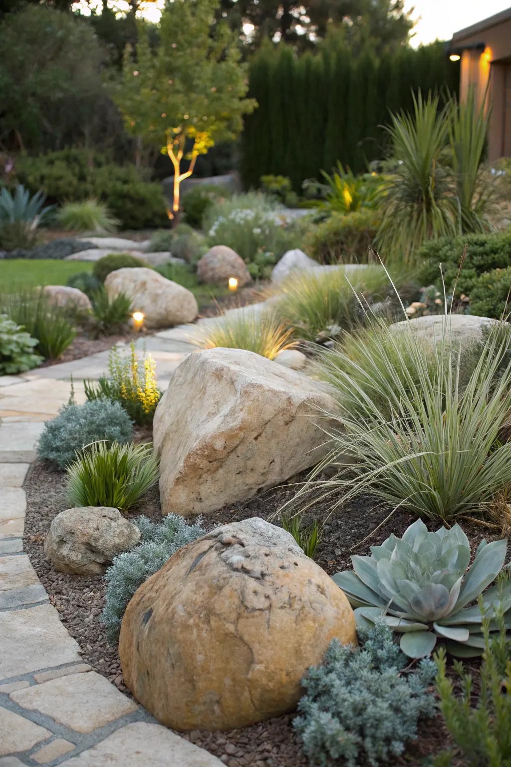 Decorative rocks add visual interest and texture to a water-wise garden.