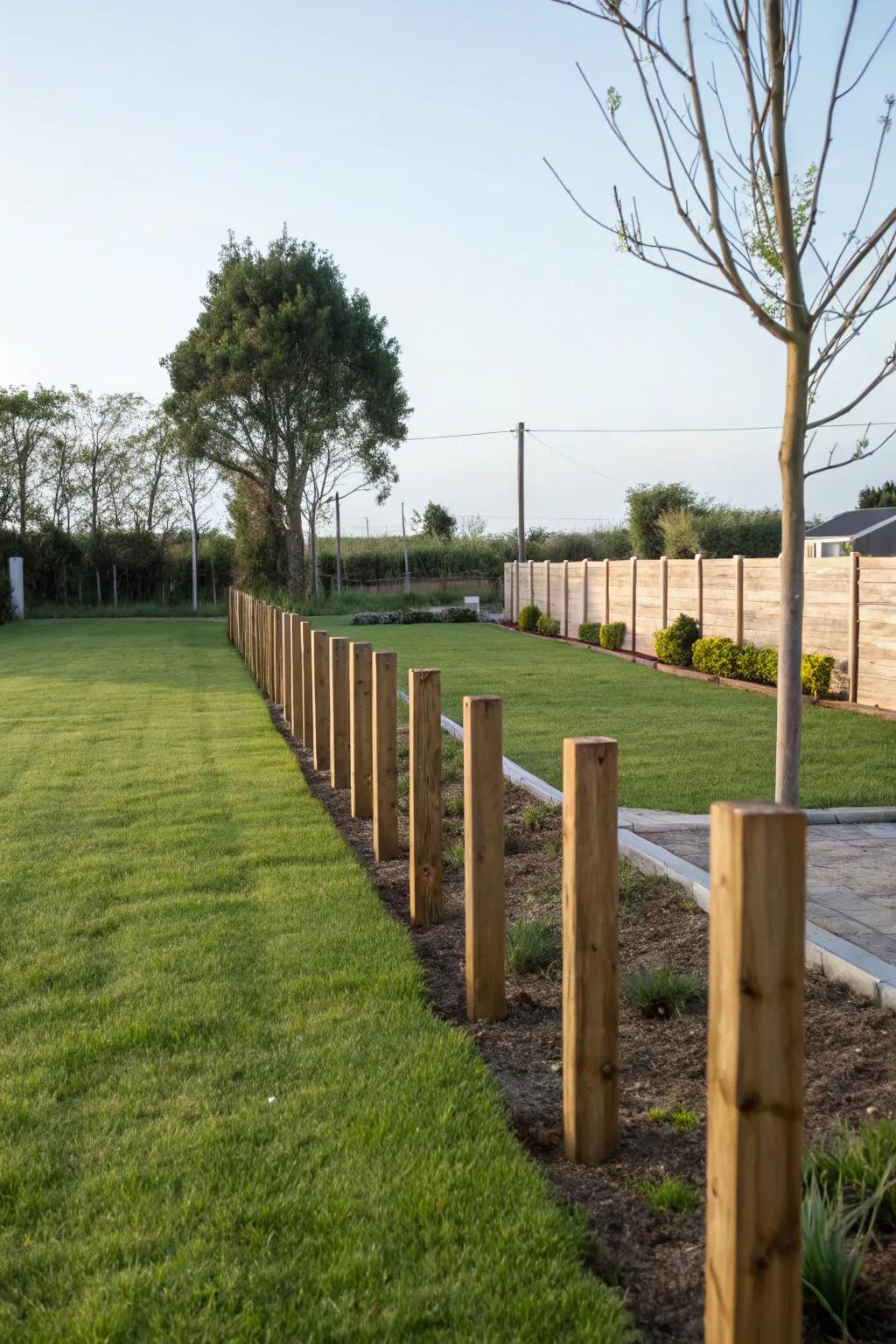 Wooden posts provide a classic and rustic boundary for this lawn.