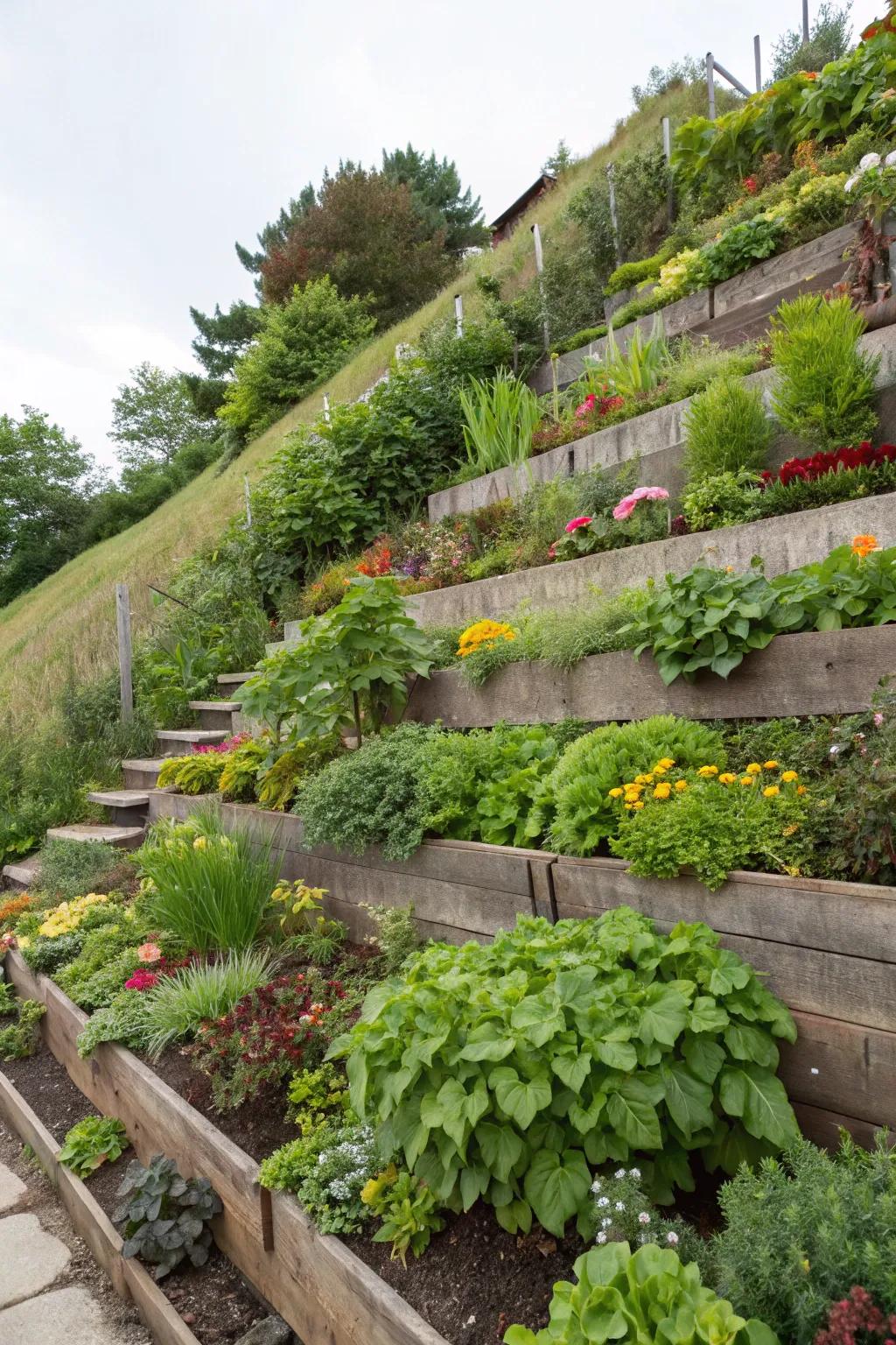 Vertical garden on a hillside with various plants and herbs