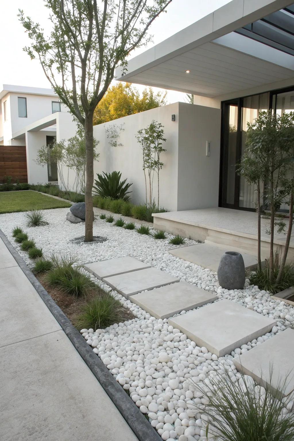 A minimalist front yard with gravel and modern plantings.