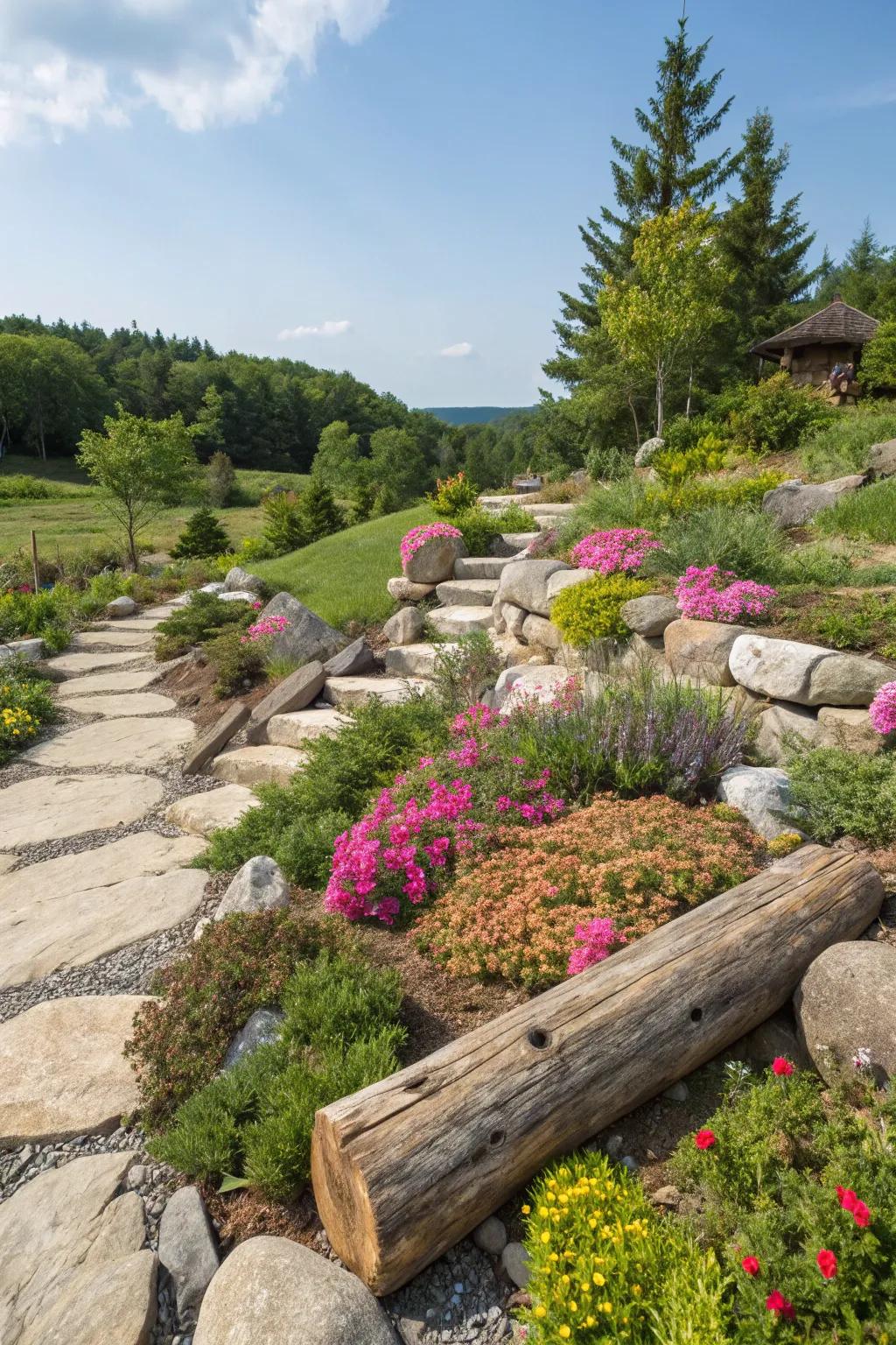 Log and rock borders create a defined, natural look.