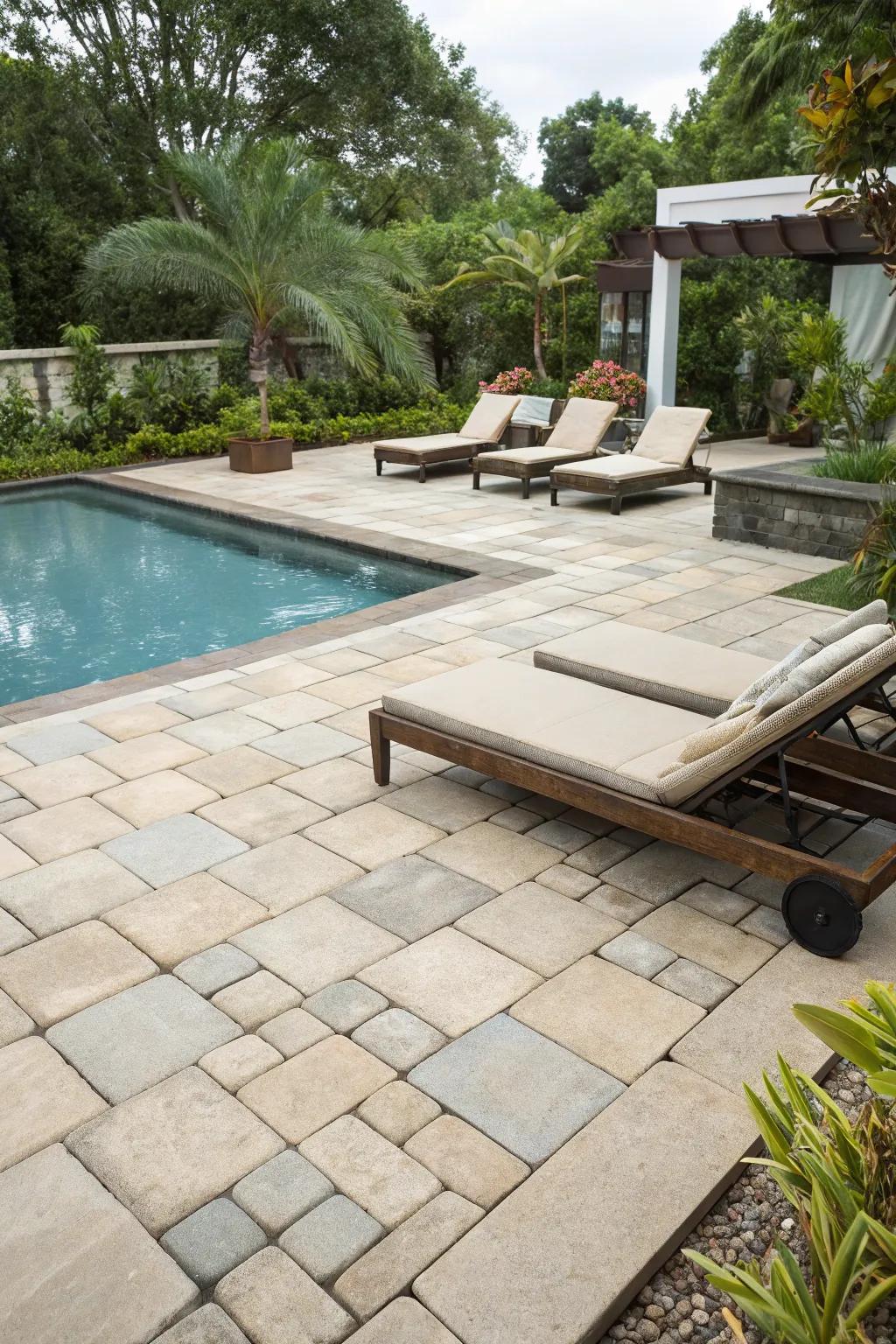 Luxurious loungers on large pavers by the pool.