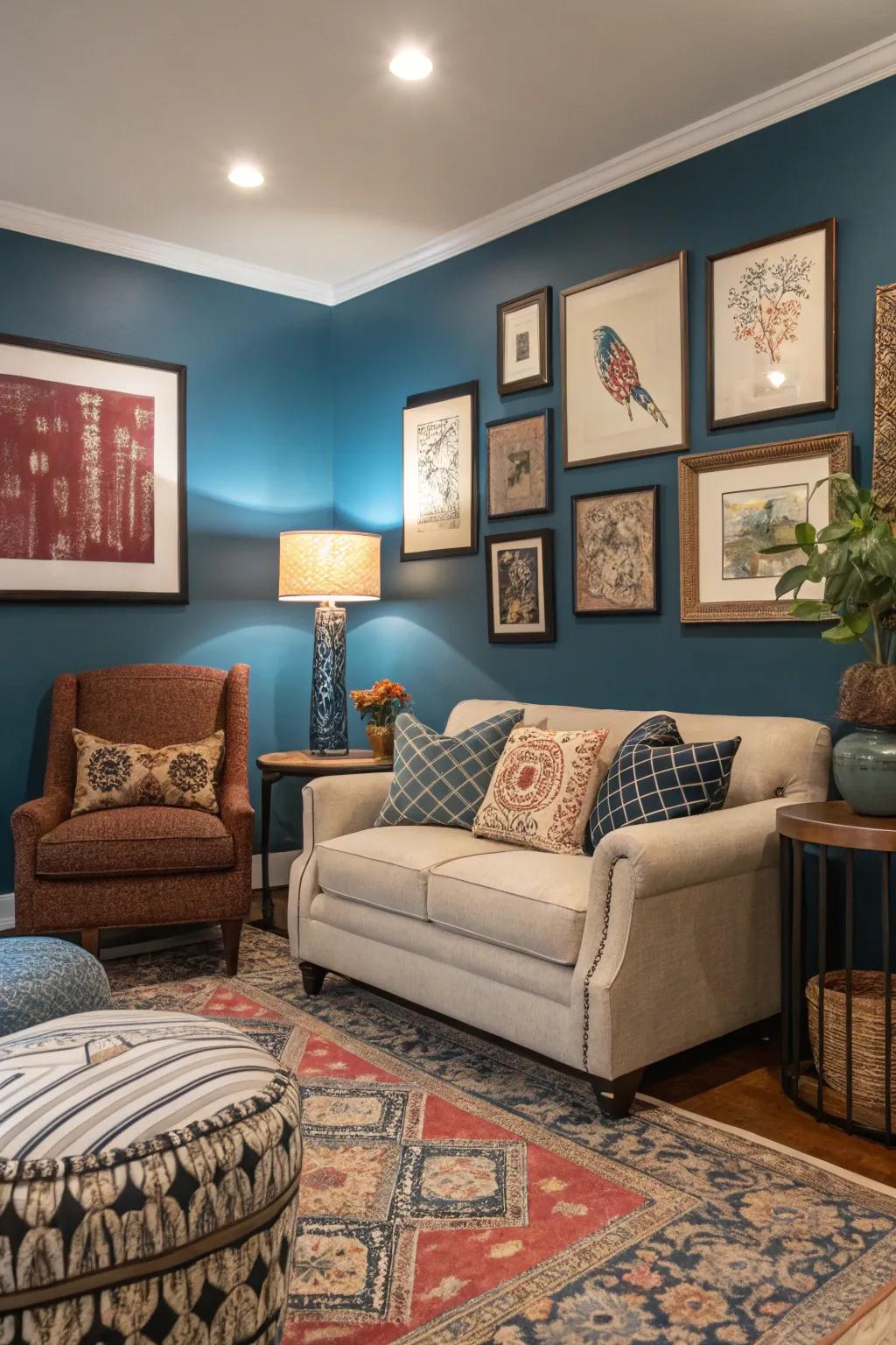 Vibrant feature wall brings focal interest.