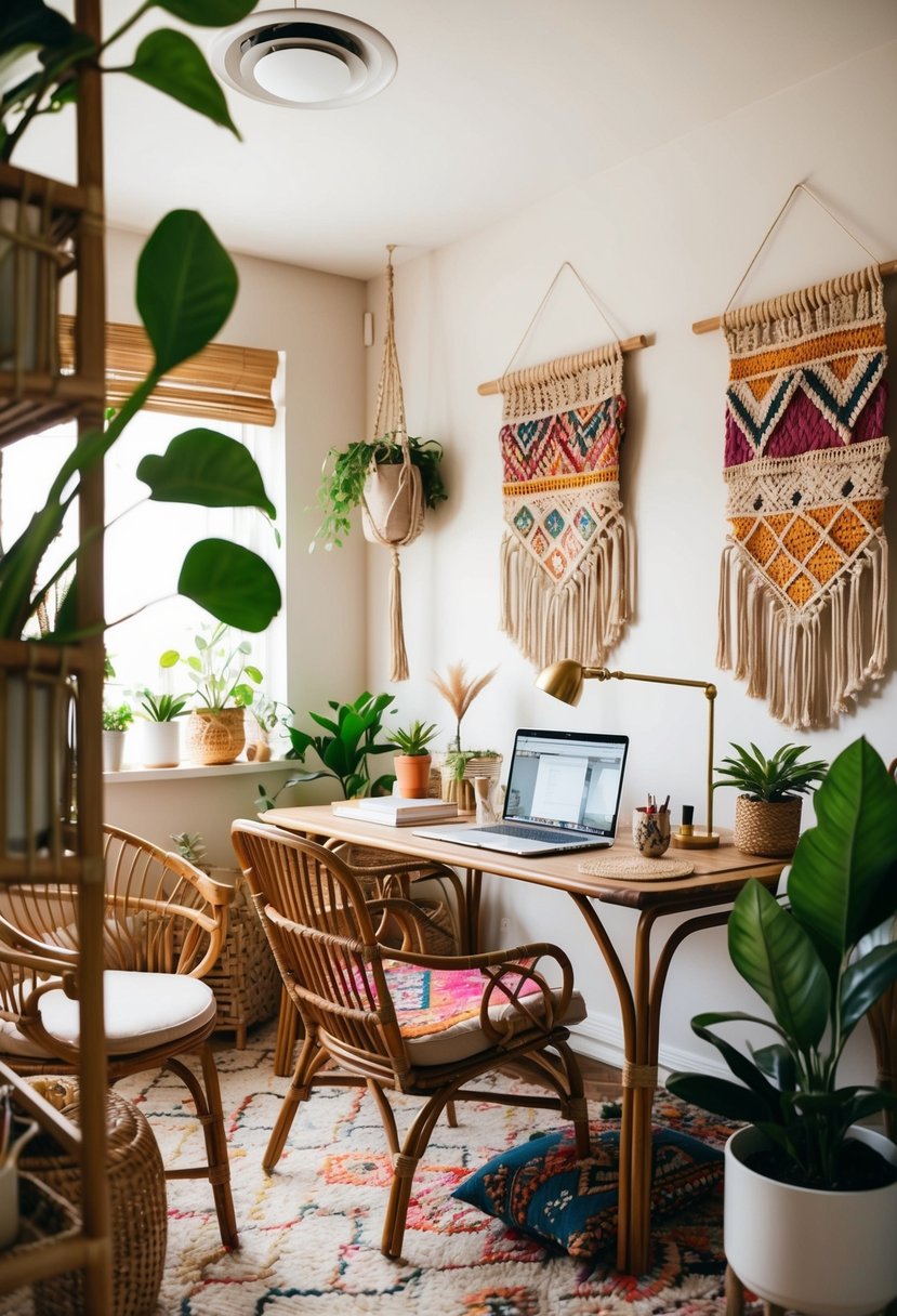 A cozy office with bohemian decor: rattan furniture, macrame wall hangings, plants, and colorful textiles