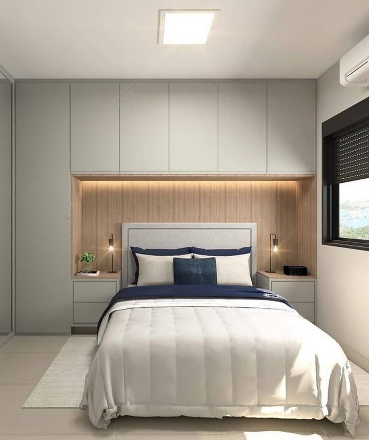Modern Bedroom with Built-In Cabinets and Wood Accents