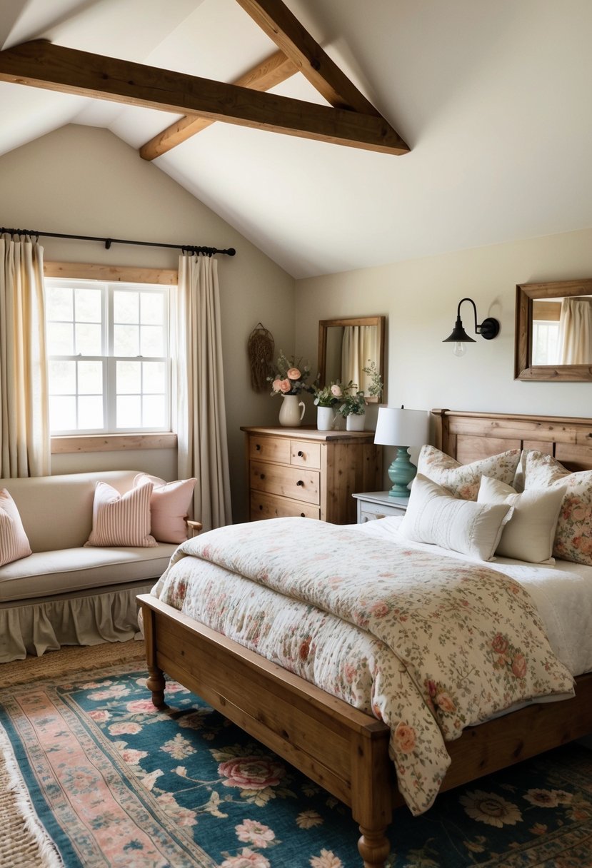 A cozy farmhouse guest bedroom with rustic wooden furniture, floral bedding, and soft lighting. A vintage rug and charming decor complete the inviting space
