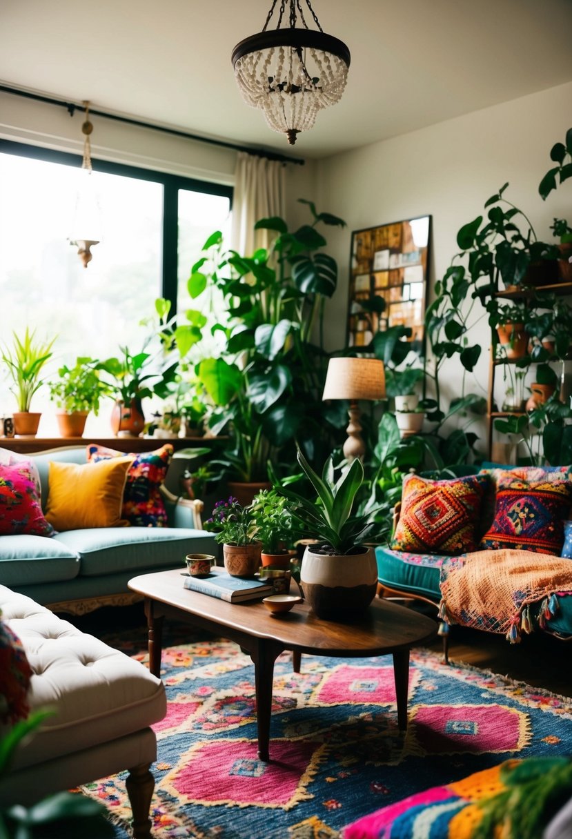 A cozy living room with eclectic bohemian decor, featuring vintage furniture, colorful textiles, and an abundance of plants