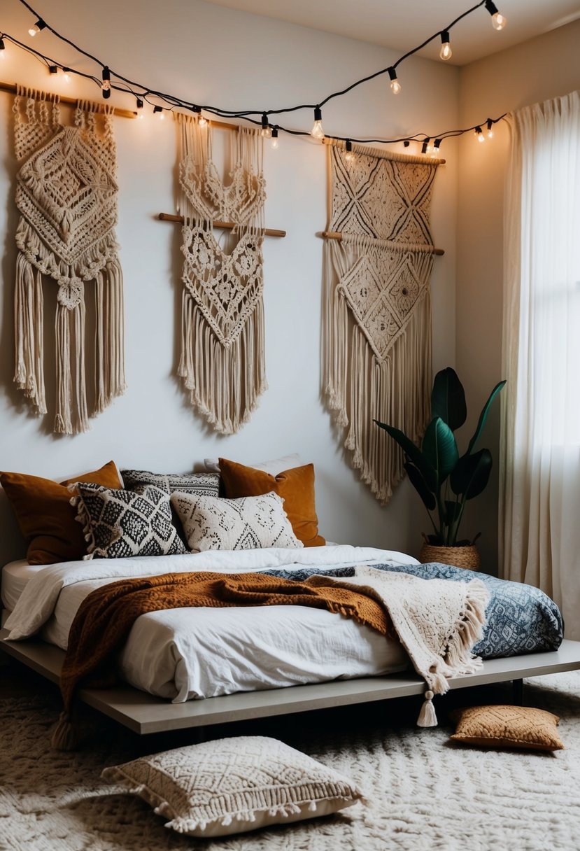 A cozy boho bedroom with layered textiles, macramé wall hangings, and a mix of patterns and textures. A low platform bed with floor cushions and a canopy of string lights creates a relaxed and inviting atmosphere