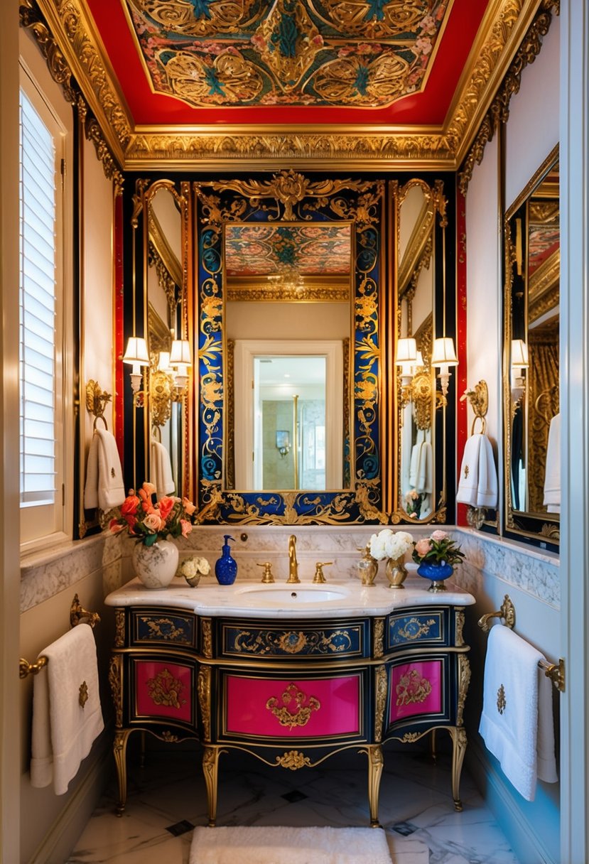 A luxurious, opulent bathroom with bold patterns, vibrant colors, and ornate fixtures. Overflowing with decorative elements and extravagant details