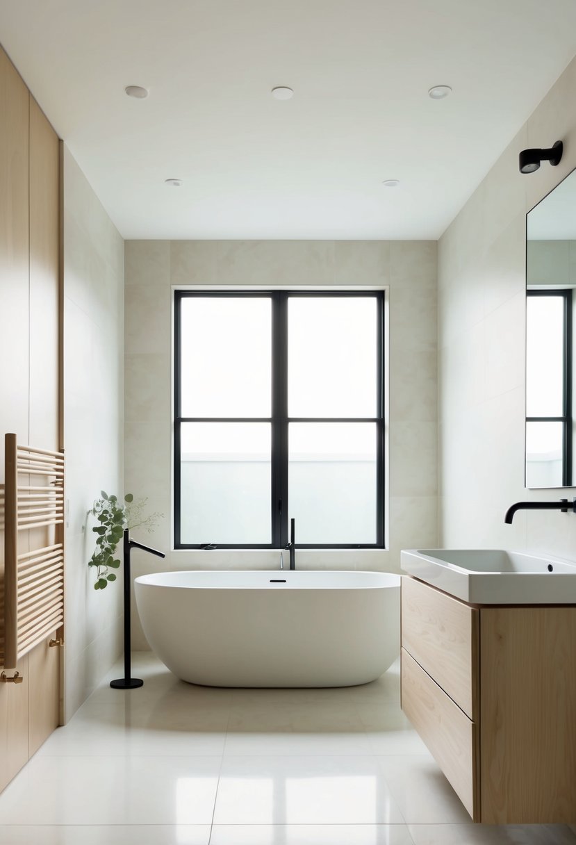 A minimalist bathroom with clean lines, natural materials, and soft, neutral colors. A freestanding tub, large windows, and sleek fixtures create a serene, Scandinavian-inspired ensuite