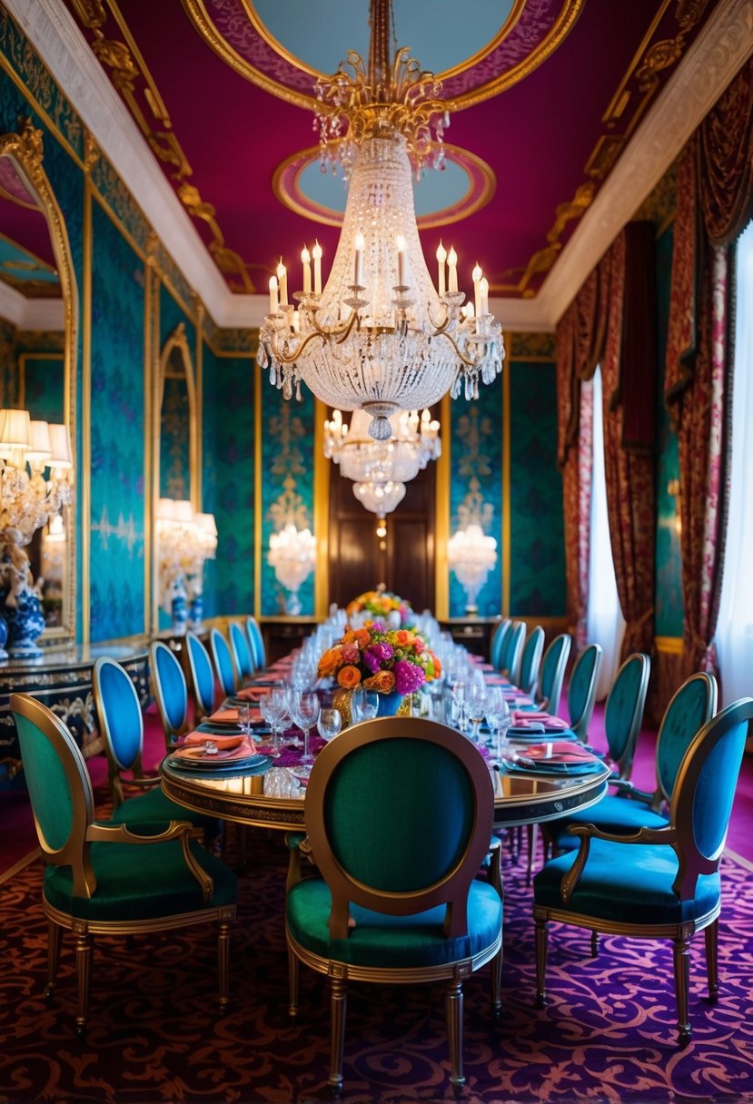 A grand dining room with ornate chandeliers, vibrant wallpaper, and opulent table settings. Rich colors and patterns create a maximalist aesthetic