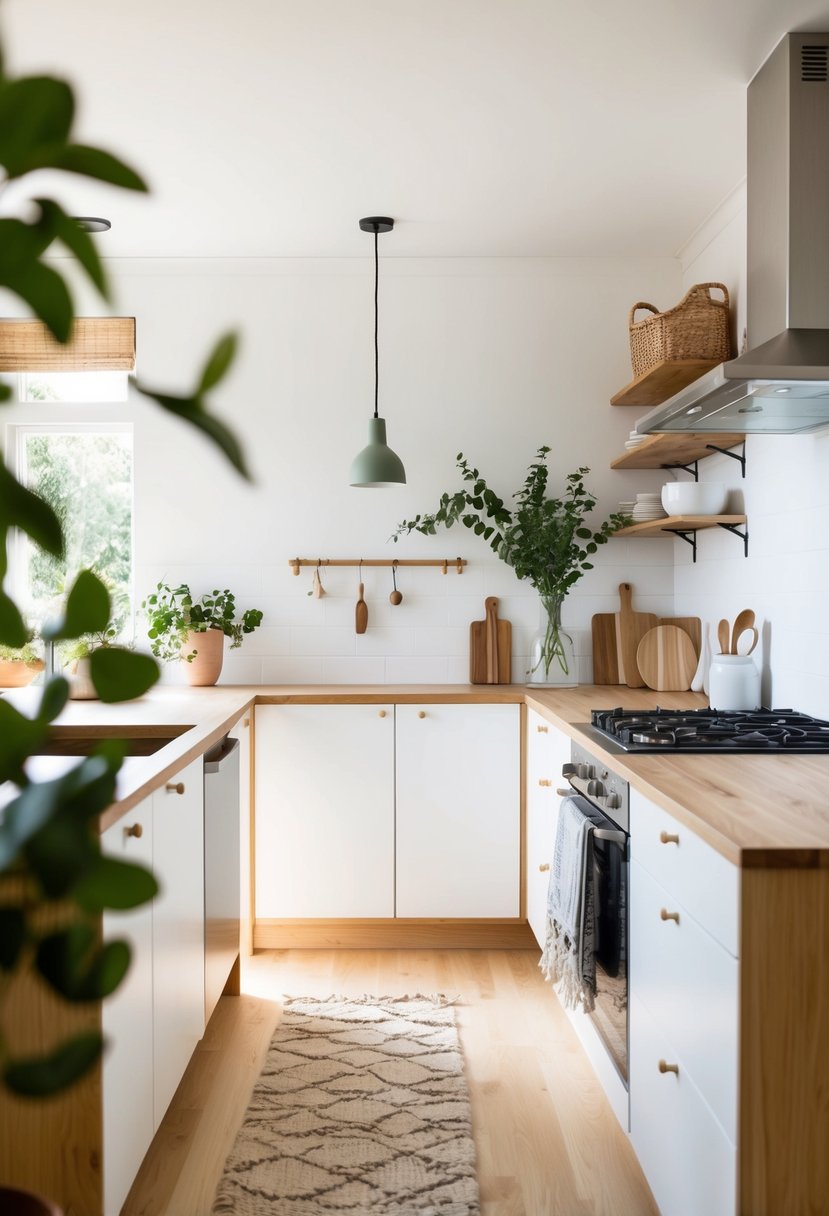 A bright, airy kitchen with natural wood, white walls, and pops of greenery. Minimalist, with bohemian textiles and Scandi-style accents