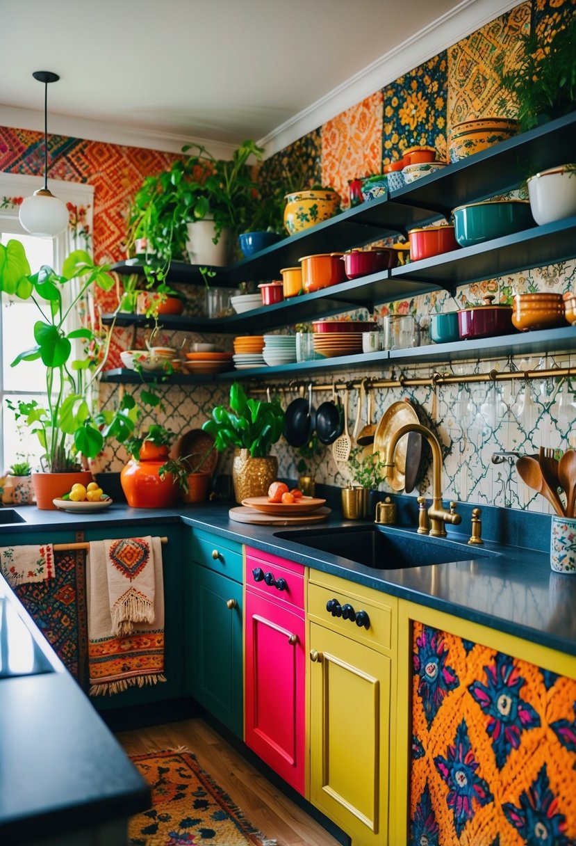 A cozy kitchen with vibrant patterns, eclectic decor, and bold colors. Open shelving displays an array of cookware and plants. A mix of textures and intricate details create a maximalist feel
