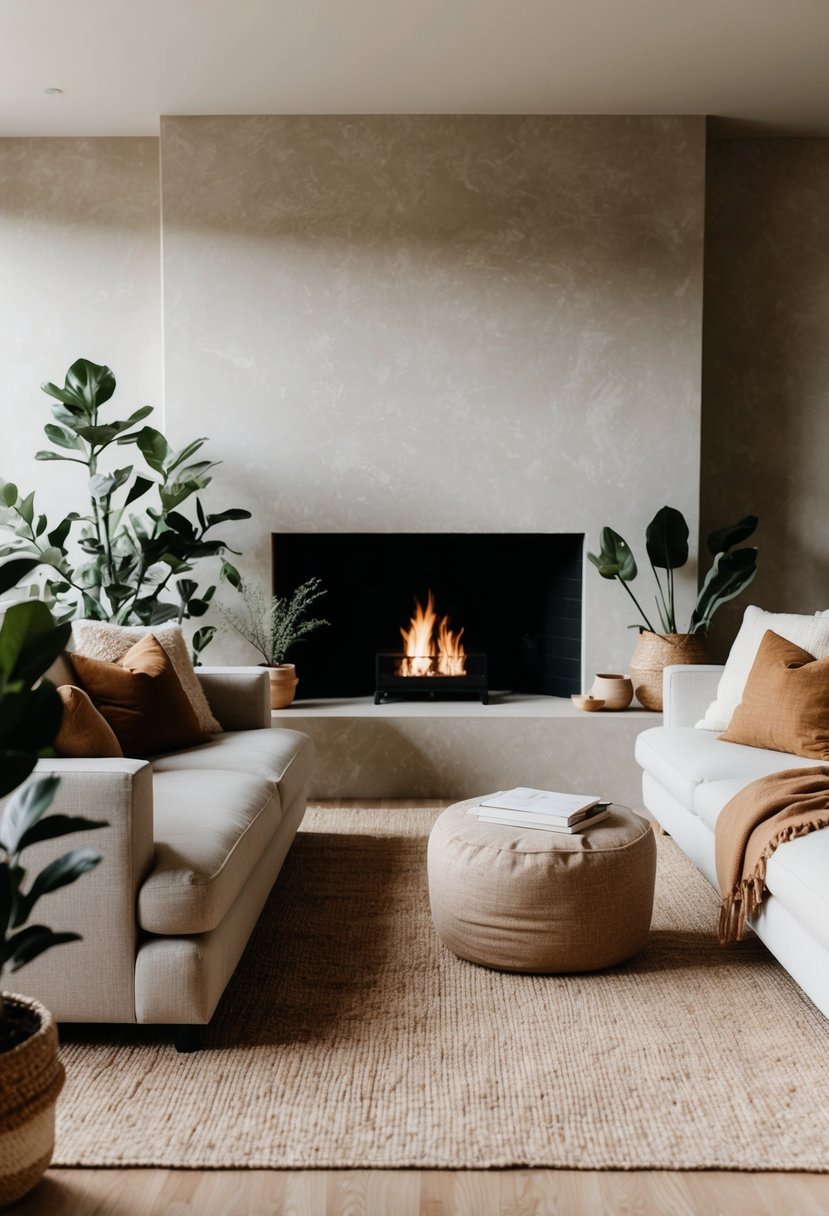 A comfortable living room featuring natural textures, soothing earth tones, and simple furniture. A generous sofa faces a fireplace, while greenery and plush fabrics add warmth.