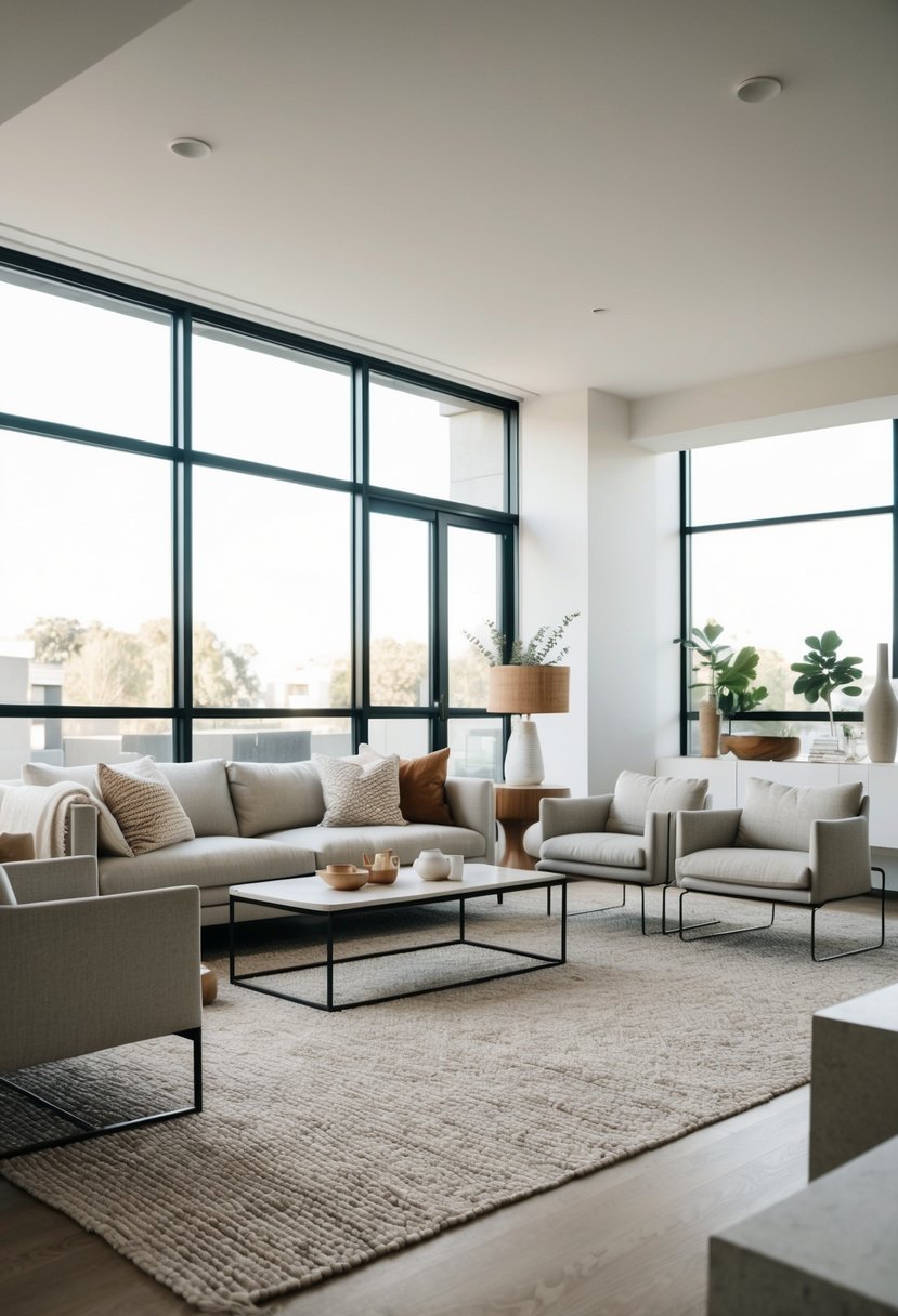 A spacious living room with clean lines, neutral colors, and minimal furniture. Large windows let in natural light, and a few carefully chosen decor pieces add warmth to the space