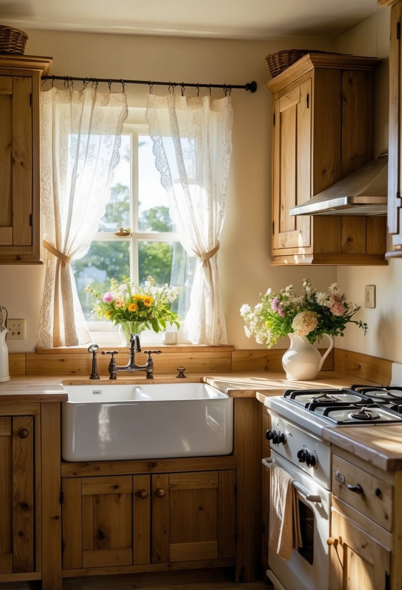 A cozy cottage kitchen with rustic wooden cabinets, a farmhouse sink, and a vintage stove. Sunlight streams in through lace curtains, illuminating a vase of fresh flowers on the counter