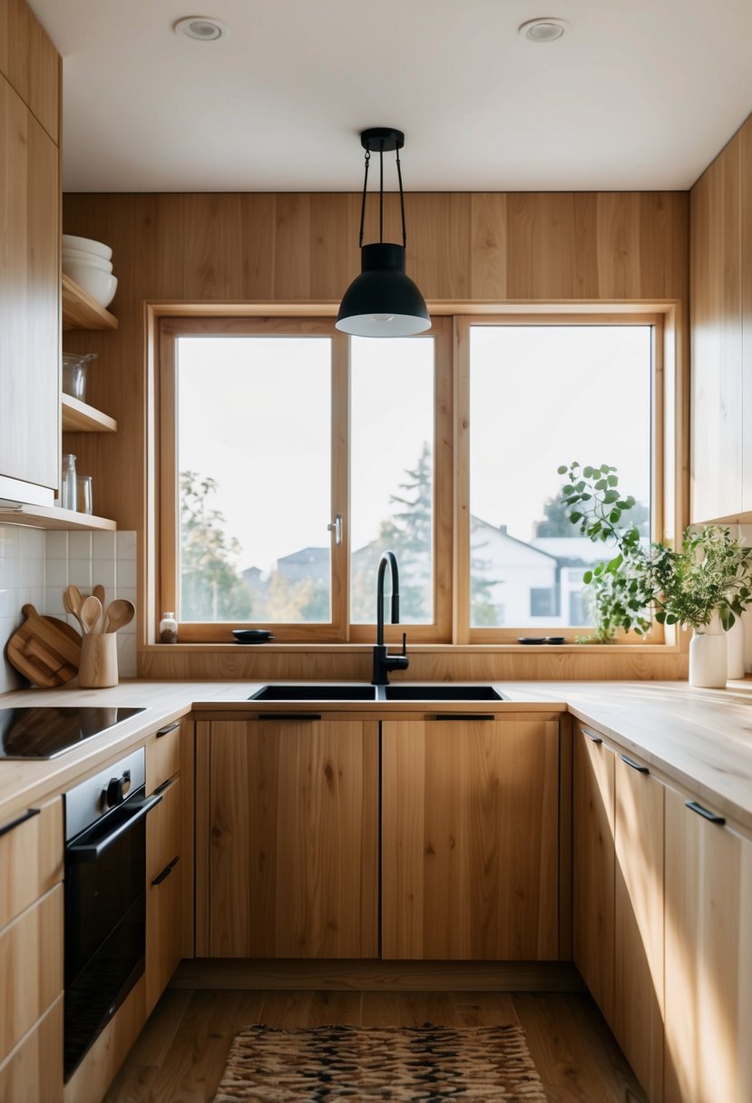 A cozy Scandinavian kitchen with minimalist design, natural wood accents, and plenty of natural light streaming in through large windows