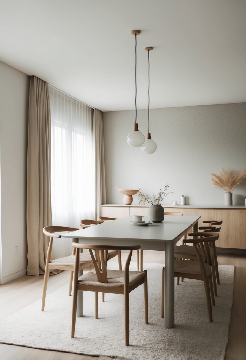 A serene dining room with minimalist furniture, neutral colors, natural materials, and clean lines, blending Japanese and Scandinavian design aesthetics