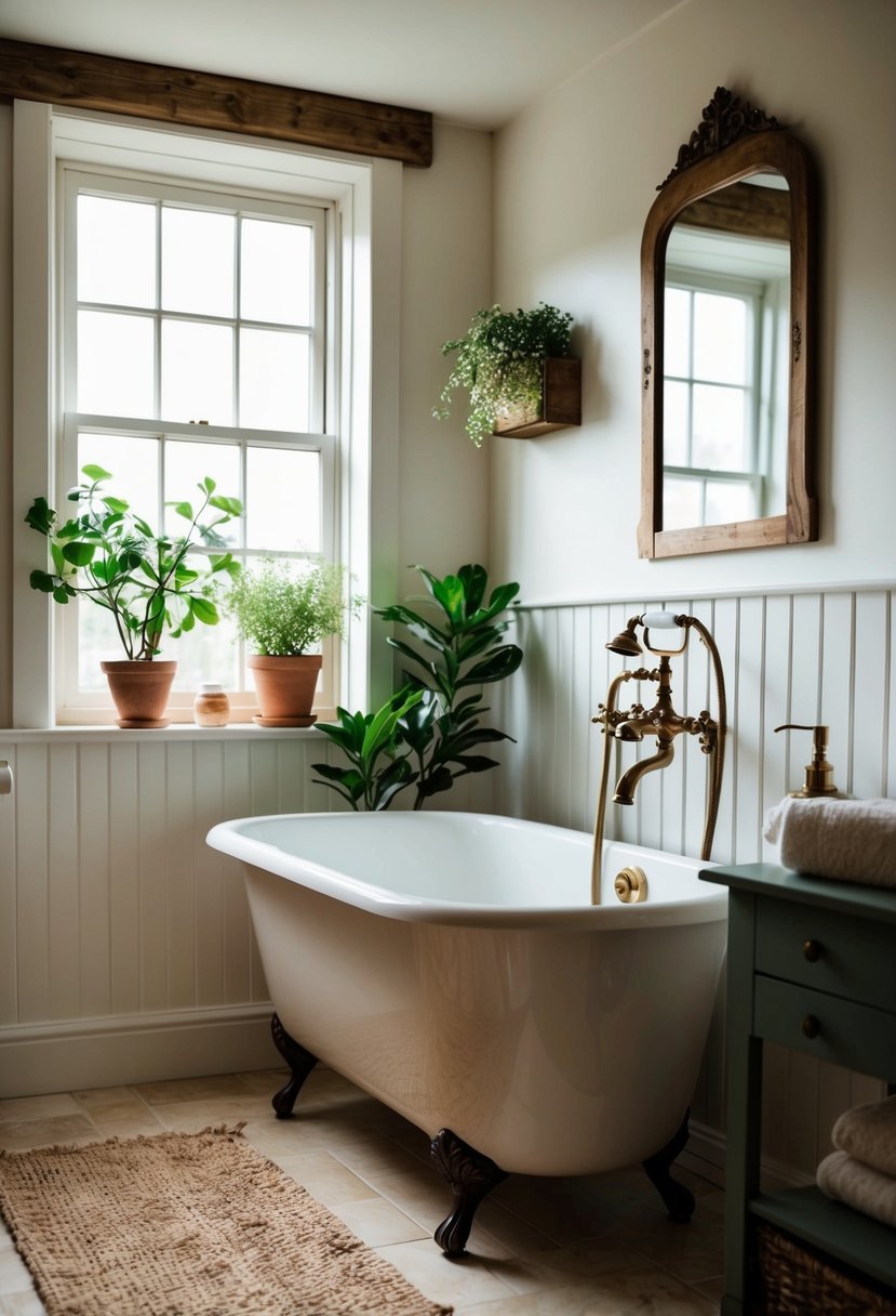 A cozy cottage bathroom with a clawfoot tub, rustic wood accents, and a vintage mirror. A large window lets in natural light, and potted plants add a touch of greenery